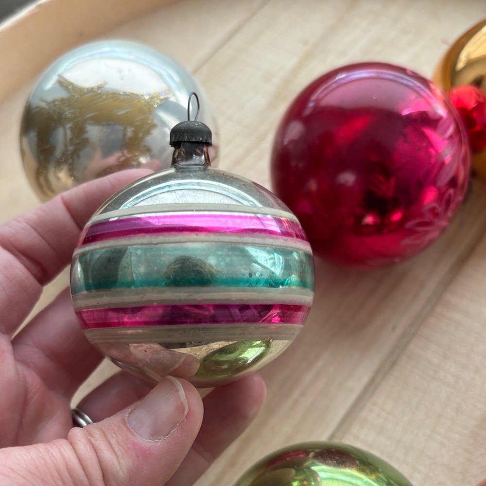 Vintage Holiday Glass Ball Ornament Set - Gold, Pink, Green, Silver Metal Caps - Picture 3 of 12